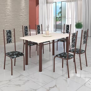 Conjunto Sala de Jantar Bahia Mesa Tubo 140x75cm Tampo Madeira com 6 Cadeiras Preto Floral / Marrom
