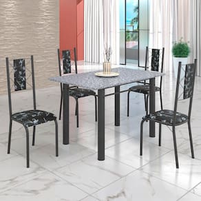 Conjunto Sala de Jantar Bahia Mesa Tubo 120x75cm Tampo Pedra Granito Ocre com 4 Cadeiras Preto Floral/Prata