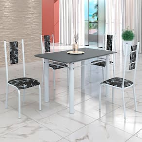 Conjunto Sala de Jantar Bahia Mesa Tubo 120x75cm Tampo Madeira com 4 Cadeiras Preto Floral/Branco