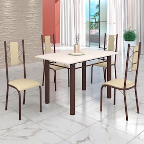 Conjunto Sala de Jantar Bahia Mesa Tubo 120x75cm Tampo Madeira com 4 Cadeiras Creme/Marrom