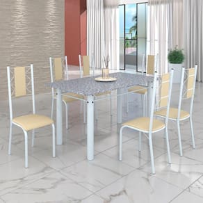 Conjunto Sala de Jantar Bahia Mesa Tubo 140x75cm Tampo Pedra Granito com 6 Cadeiras Creme/Branco