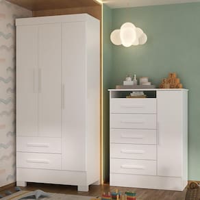 Quarto Infantil Completo Guarda Roupa 3 Portas 2 Gavetas com Cômoda Atena Espresso Móveis Branco