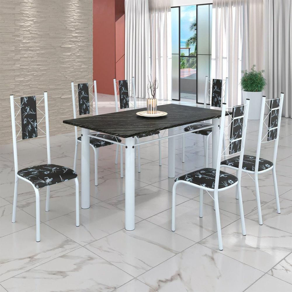Conjunto Sala de Jantar Bahia Mesa Tubo 140x75cm Tampo Pedra Ardósia Indiana com 6 Cadeiras Preto Floral/Branco