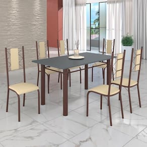 Conjunto Sala de Jantar Bahia Mesa Tubo 140x75cm Tampo Pedra com 6 Cadeiras Creme / Marrom