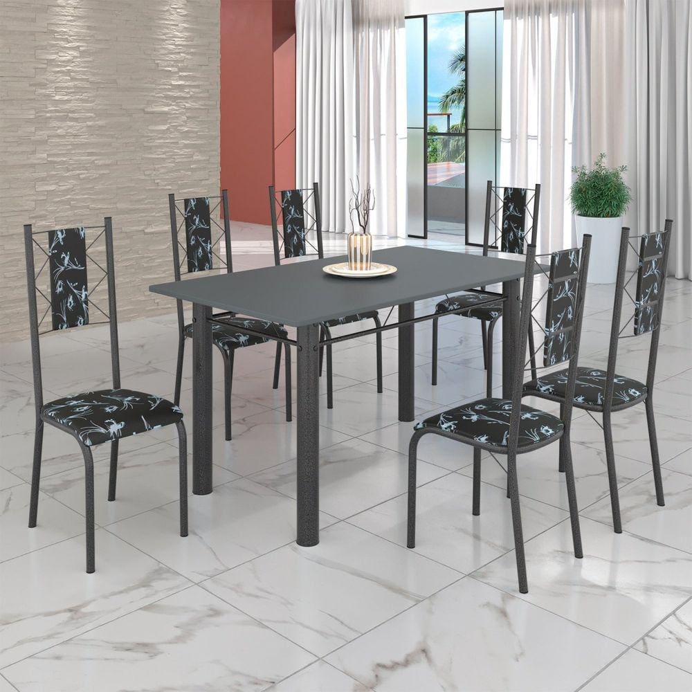 Conjunto Sala de Jantar Bahia Mesa Tubo 140x75cm Tampo Pedra com 6 Cadeiras Preto Floral / Mart Prata
