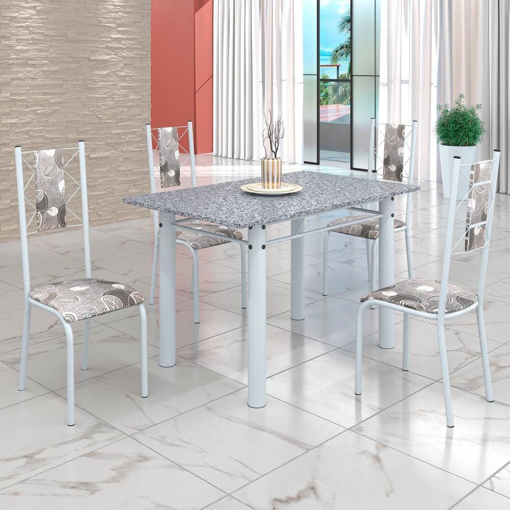 Conjunto Sala de Jantar Bahia Mesa Tubo 120x75cm Tampo Pedra Granito Ocre com 4 Cadeiras Paraopeba/Branco