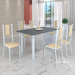 Conjunto Sala de Jantar Bahia Mesa Tubo 140x75cm Tampo Pedra com 6 Cadeiras Creme/Branco