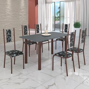 Conjunto Sala de Jantar Bahia Mesa Tubo 140x75cm Tampo Pedra com 6 Cadeiras Preto Floral / Marrom