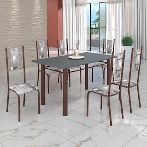 Conjunto Sala de Jantar Bahia Mesa Tubo 140x75cm Tampo Madeira com 6 Cadeiras Paraopeba / Marrom