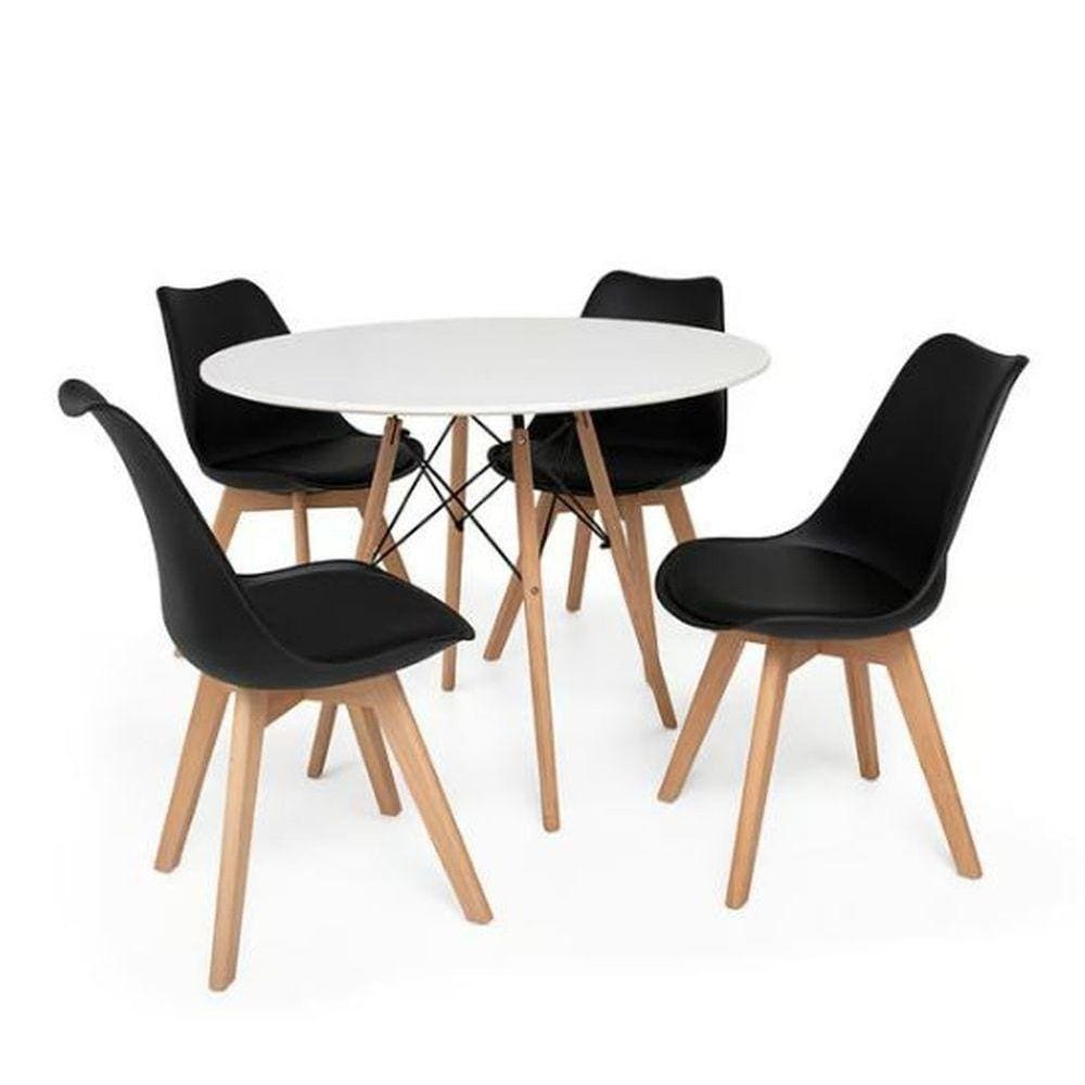 Conjunto Mesa De Jantar Eiffel 90cm Branca 4 Cadeiras Preta