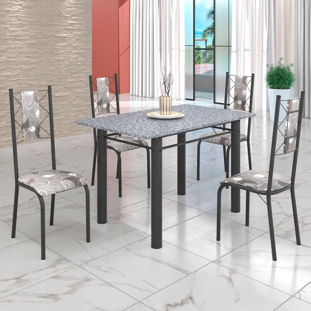 Conjunto Sala de Jantar Bahia Mesa Tubo 120x75cm Tampo Pedra Granito Ocre com 4 Cadeiras Paraopeba/Prata