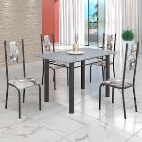 Conjunto Sala de Jantar Bahia Mesa Tubo 120x75cm Tampo Pedra Granito Ocre com 4 Cadeiras Paraopeba/Prata
