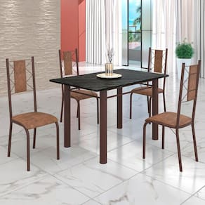 Conjunto Sala de Jantar Bahia Mesa Tubo 120x75cm Tampo Pedra Ardósia Indiana com 4 Cadeiras Marrom