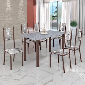 Conjunto Sala de Jantar Bahia Mesa Tubo 140x75cm Tampo Pedra Granito com 6 Cadeiras Paraopeba/Marrom