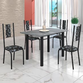 Conjunto Sala de Jantar Bahia Mesa Tubo 120x75cm Tampo Pedra Granito Topázio com 4 Cadeiras Preto Floral/Preto Fosco