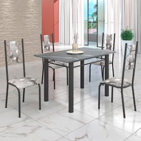 Conjunto Sala de Jantar Bahia Mesa Tubo 120x75cm Tampo Pedra Granito Topázio com 4 Cadeiras Paraopeba/Prata