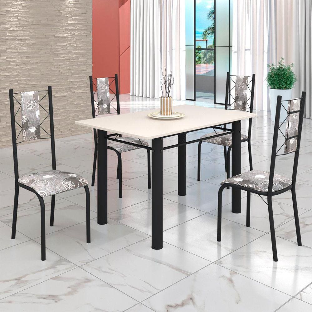 Conjunto Sala de Jantar Bahia Mesa Tubo 120x75cm Tampo Madeira com 4 Cadeiras Paraopeba/Preto Fosco