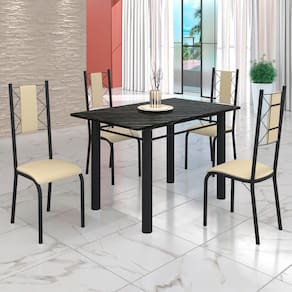 Conjunto Sala de Jantar Bahia Mesa Tubo 120x75cm Tampo Madeira Indiana com 4 Cadeiras Creme/Preto Fosco