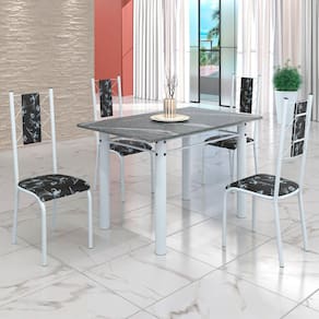 Conjunto Sala de Jantar Bahia Mesa Tubo 120x75cm Tampo Pedra Granito Topázio com 4 Cadeiras Preto Floral/Branco