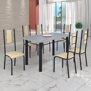 Conjunto Sala de Jantar Bahia Mesa Tubo 140x75cm Tampo Pedra Granito com 6 Cadeiras Creme/Preto Fosco