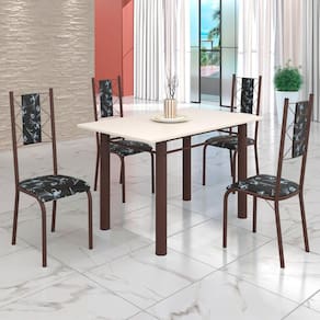 Conjunto Sala de Jantar Bahia Mesa Tubo 120x75cm Tampo Madeira com 4 Cadeiras Preto Floral/Marrom