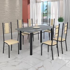 Conjunto Sala de Jantar Bahia Mesa Tubo 3" 140x75cm Tampo Pedra Granito Topázio com 6 Cadeiras Creme / Preto Fosco