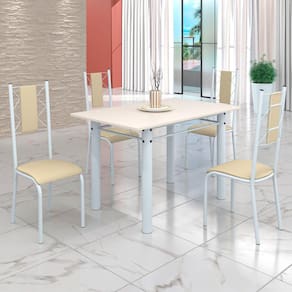 Conjunto Sala de Jantar Bahia Mesa Tubo 120x75cm Tampo Madeira com 4 Cadeiras Creme/Branco