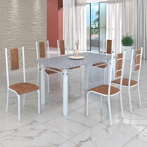 Conjunto Sala de Jantar Bahia Mesa Tubo 140x75cm Tampo Pedra Granito com 6 Cadeiras Marrom/Branco