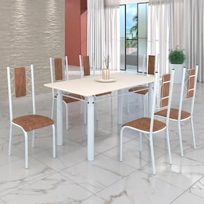 Conjunto Sala de Jantar Bahia Mesa Tubo 140x75cm Tampo Madeira com 6 Cadeiras Marrom/Branco
