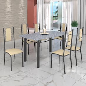 Conjunto Sala de Jantar Bahia Mesa Tubo 140x75cm Tampo Pedra Granito com 6 Cadeiras Creme/Prata