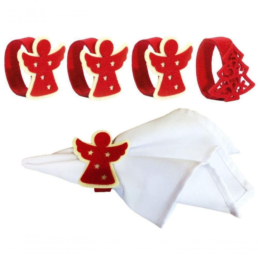 Jogo Porta Guardanapo Natal Anjo Pinheiro Vermelho Anel 4 Pç