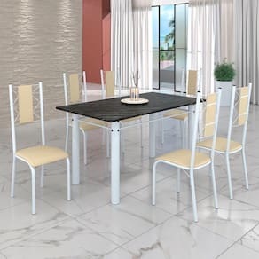 Conjunto Sala de Jantar Bahia Mesa Tubo 140x75cm Tampo Madeira Indiano com 6 Cadeiras Creme/Branco