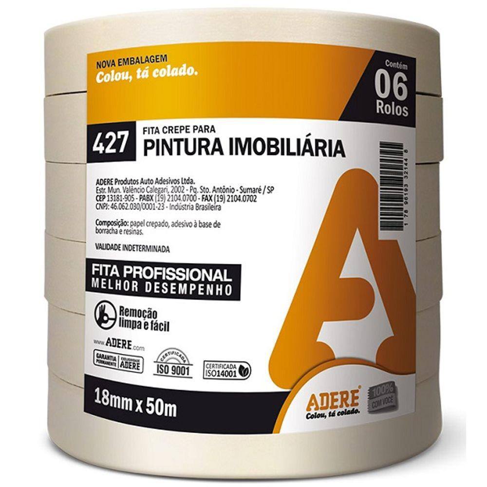 Kit 6 Fita Crepe Pintura Imobiliaria Parede 18MM X 50M Adere