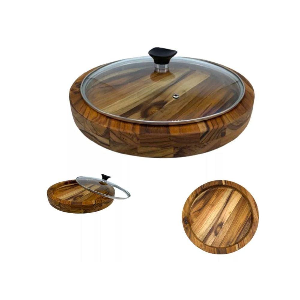 Gamela De Madeira Churrasco Redonda Com Tampa De Vidro 33 Cm - Le Requena