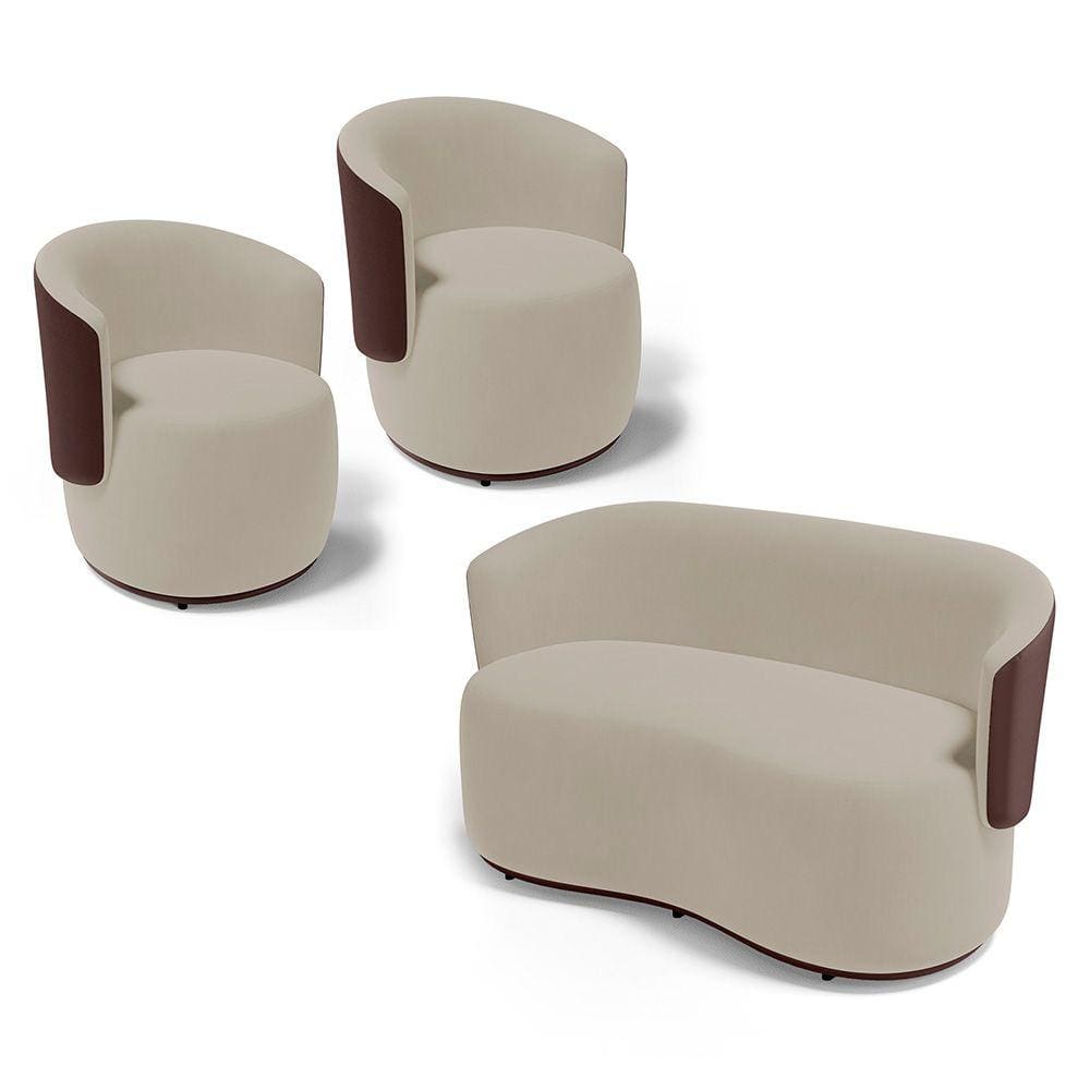 Kit 2 Poltronas e 1 Namoradeira Aisha Orgânica Composê Sintético Marrom e Suede Bege - Desk Design