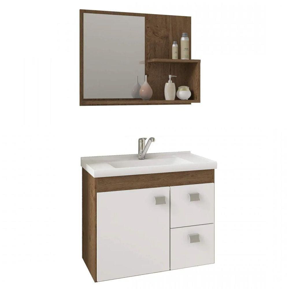Kit Conjunto Gabinete para Banheiro com 1 Porta 2 Gavetas e Espelheira Hortência Mgm
