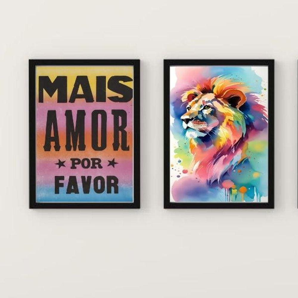 Kit 2 Quadros Leão Aquarela Mais Amor Por Favor 45X34Cm