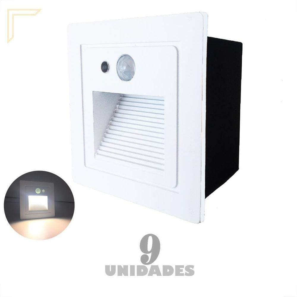 Kit 9 Balizador Parede Led Sensor Presença Embutir Branco