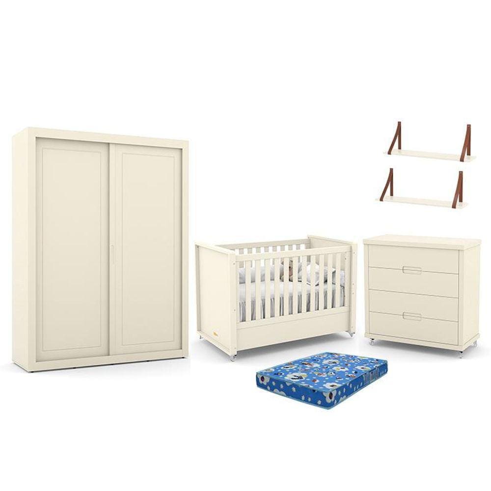 Dormitório Tutto New 2 Portas, Cômoda, Berço com Colchão e Prateleiras - Matic Móveis