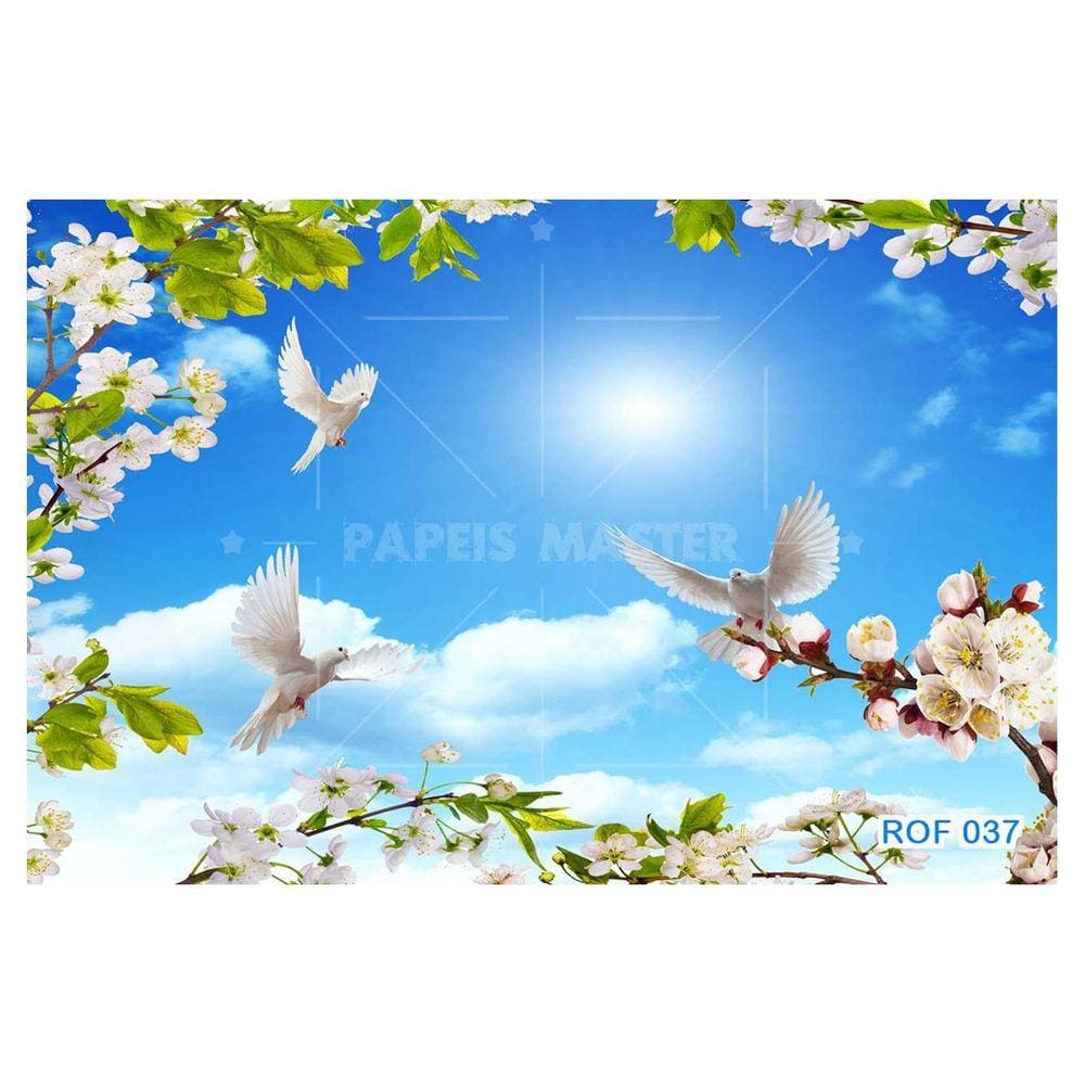 Papel De Teto Céu Azul Nuvens Flores Pombas 3,5M Rof37