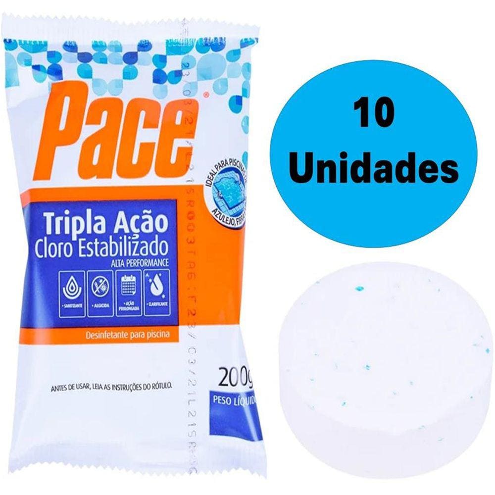 Kit 10 Pastilhas De Cloro Pace Tripla Ação Tablete 3x1 200G