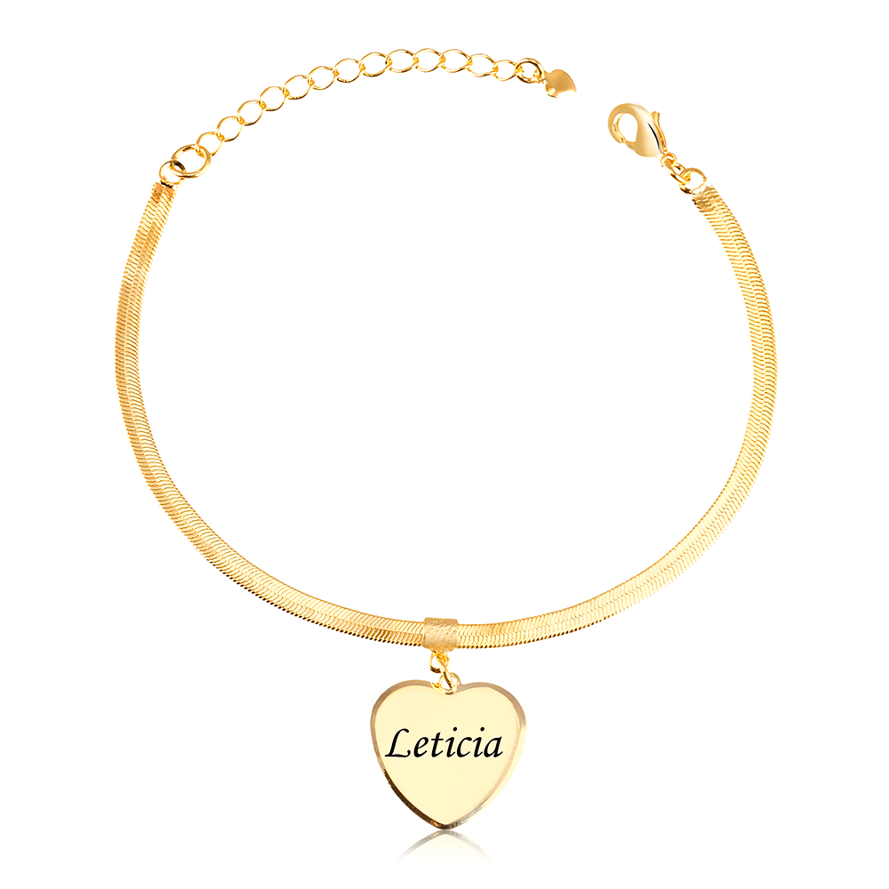 Pulseira Malha Laminada Personalizada Com Pingente De Coração Com Nome Em Banho De Ouro 18K
