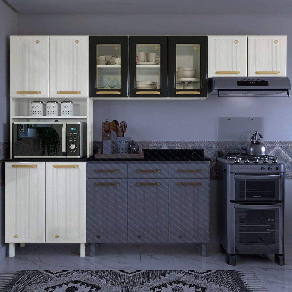 Cozinha de Aço Compacta 3 Peças 9 Portas Diamante Telasul Branco/Preto