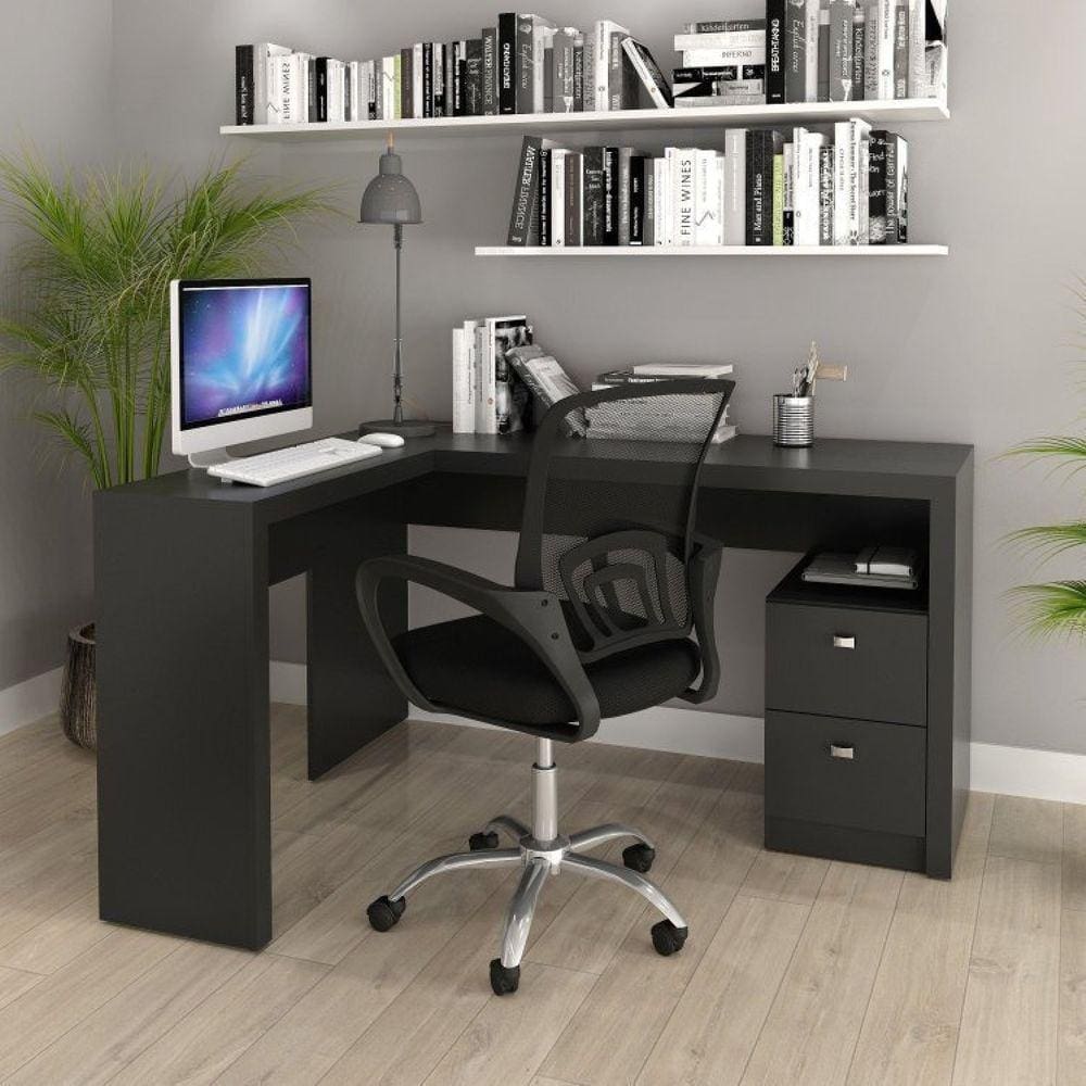 Kit Escrivaninha em L 2 Gavetas Me4129 e Cadeira de Escritório Diretor Tela Mesh Tok 3310 Preto