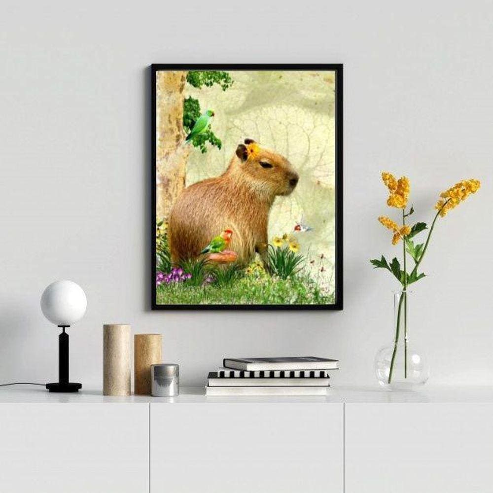 Quadro Capivara com Passarinhos 24x18cm - Madeira Branca