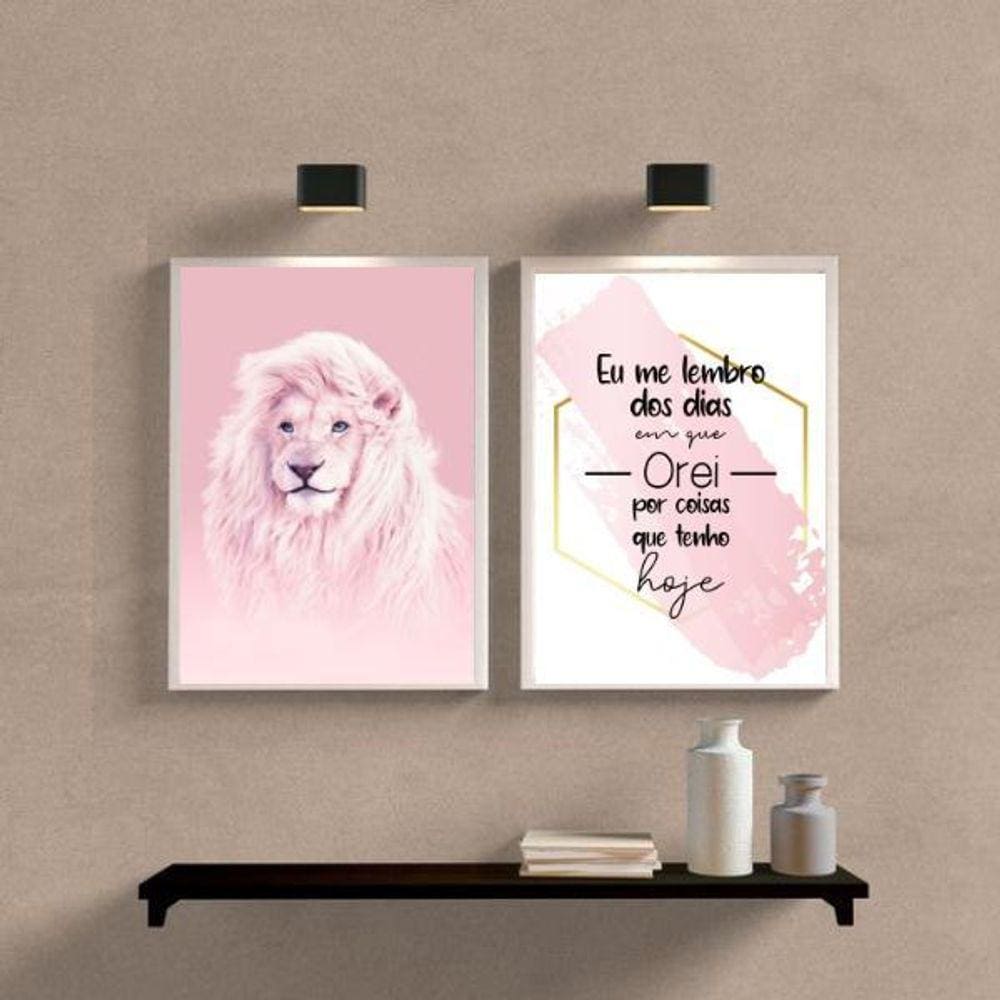 Kit 2 Quadros Leão Rosa 33x24cm - Vidro e Moldura Preta