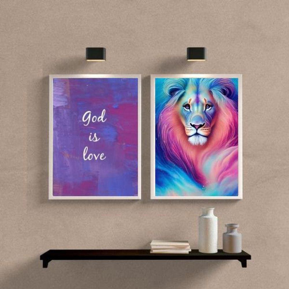 Kit 2 Quadros Leão Galaxia Deus É Amor 45X34Cm