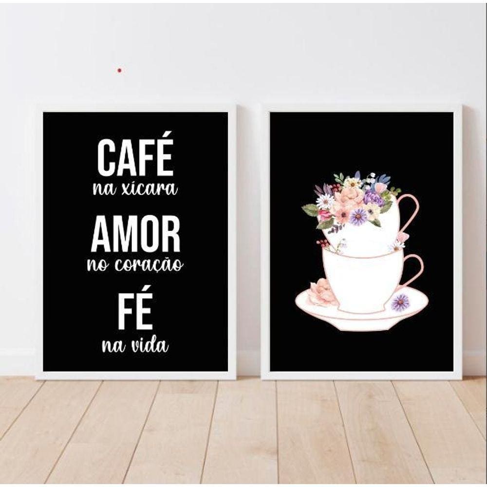Kit 2 Quadros Café Amor Fé 24x18cm - Vidro e Moldura Preta