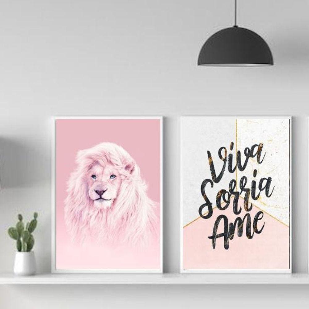 Kit 2 Quadros Leão Rosa Viva Sorria Ame 24X18Cm - Com Vidro