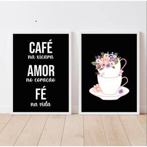 Kit 2 Quadros Café Amor Fé Floral 33x24cm Moldura Preta